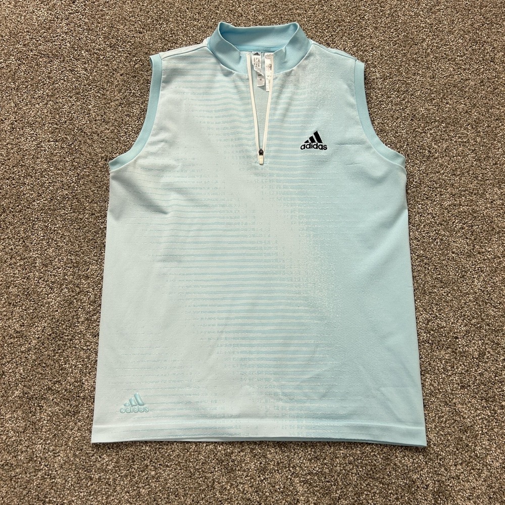Adidas Golf Polo Shirt Womens Medium Blue 1/4 Zip Striped Sleeveless Top